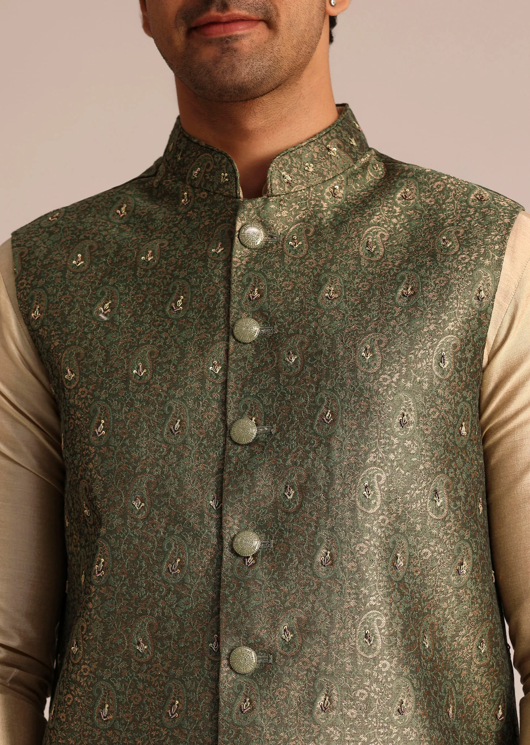 Beige Kurta Pant Set With Green Embroidered Jacket