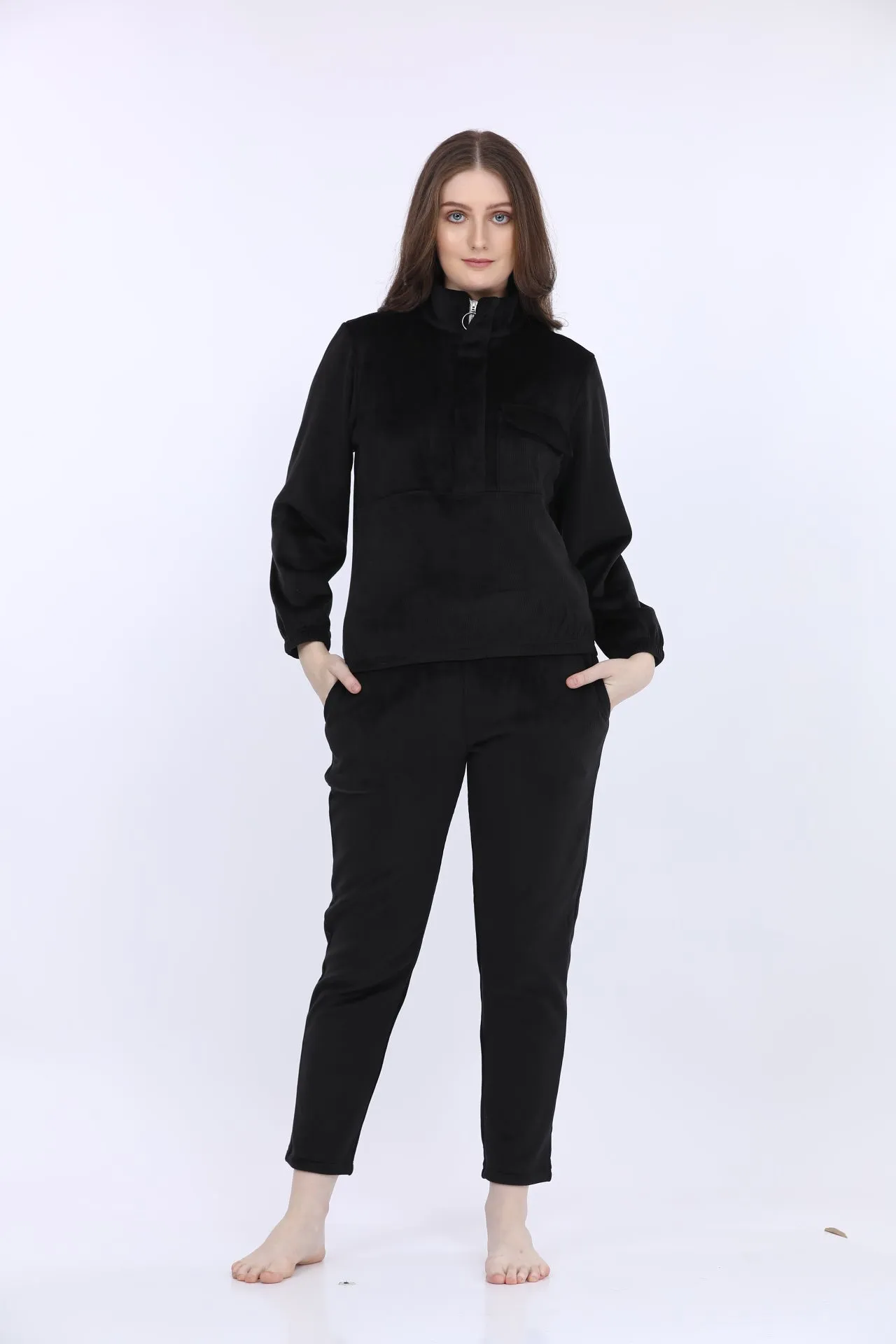 Black Bonded Corduroy Track Suit