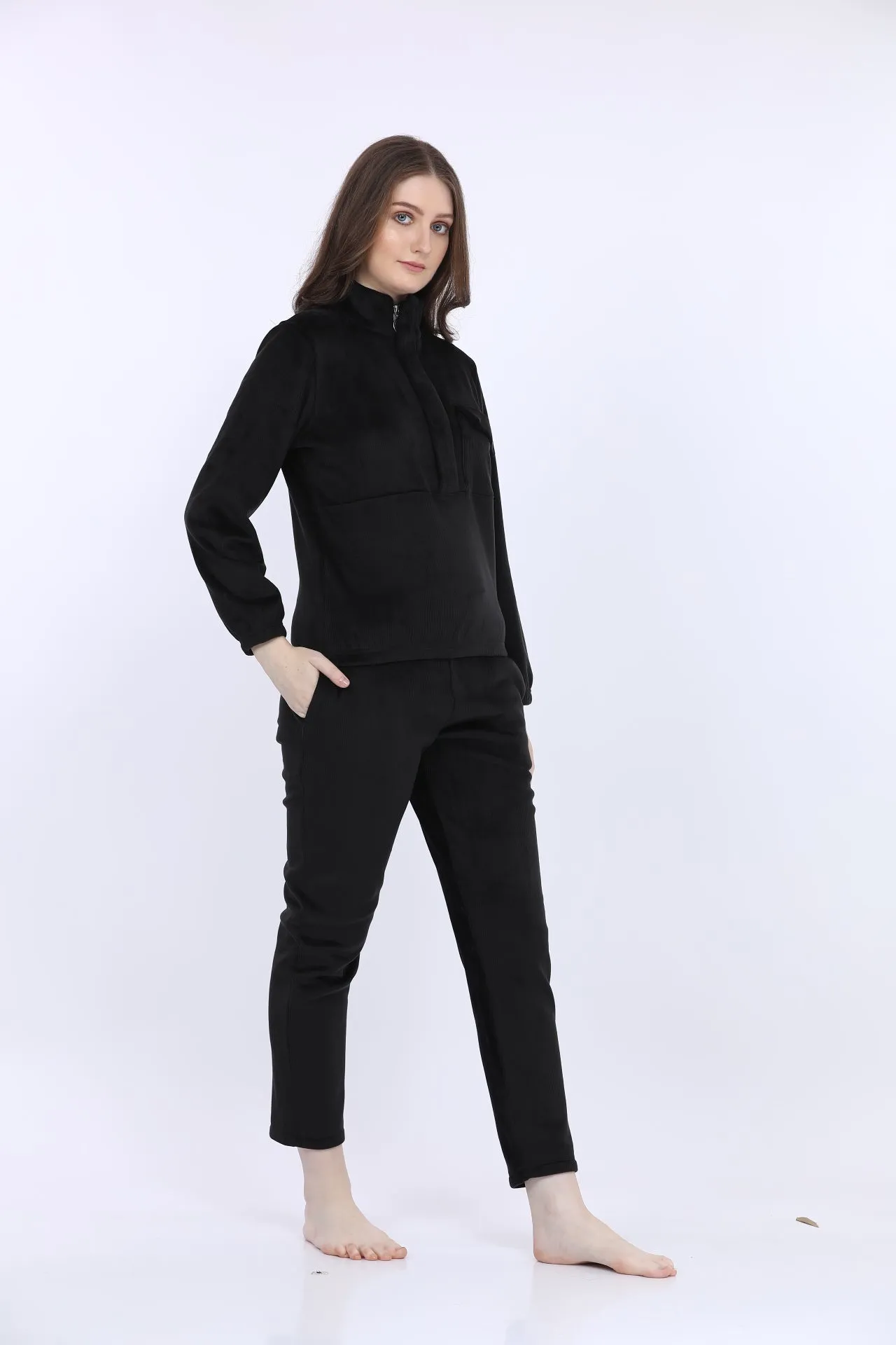 Black Bonded Corduroy Track Suit