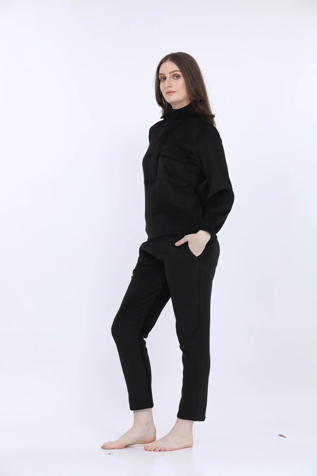 Black Bonded Corduroy Track Suit
