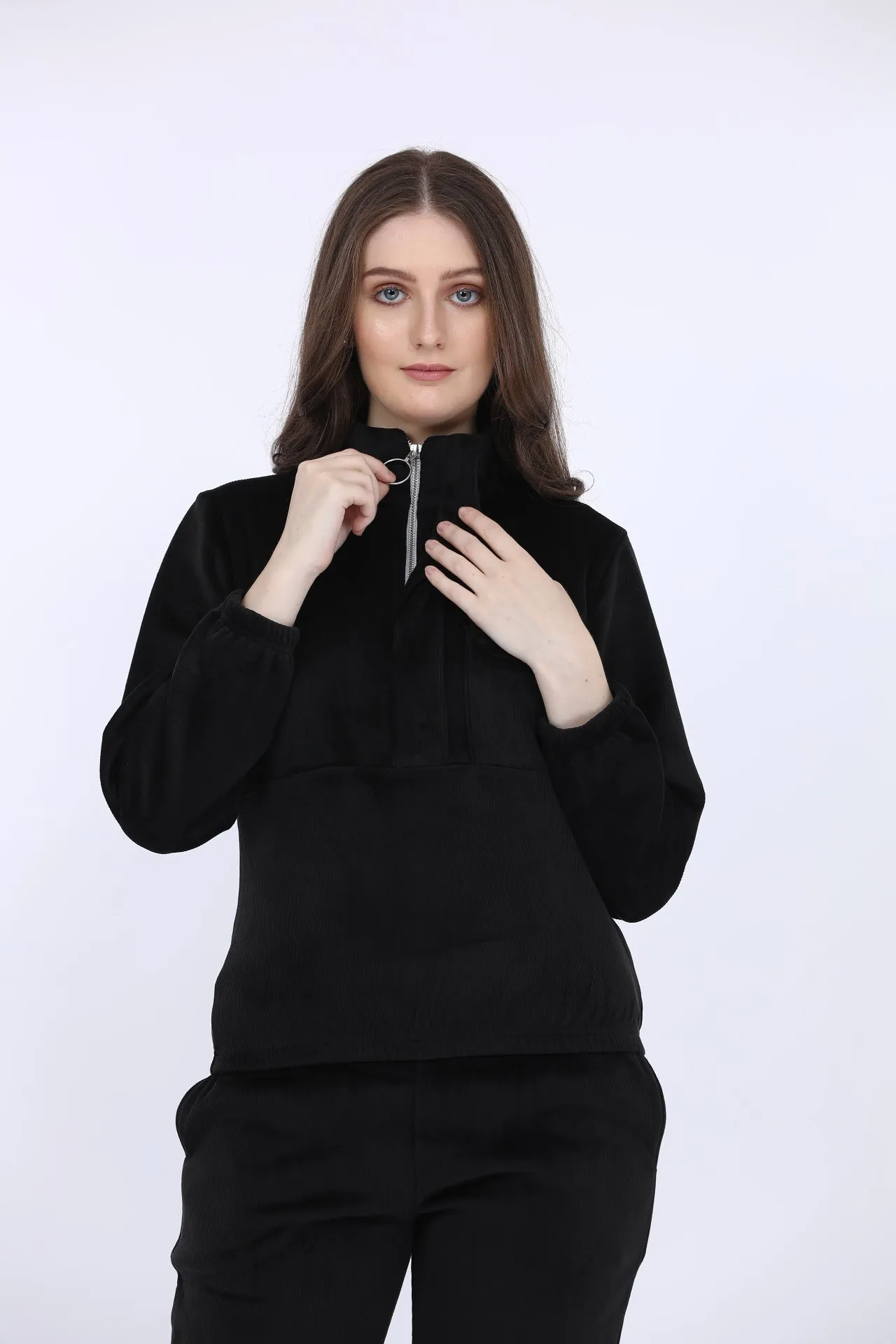 Black Bonded Corduroy Track Suit