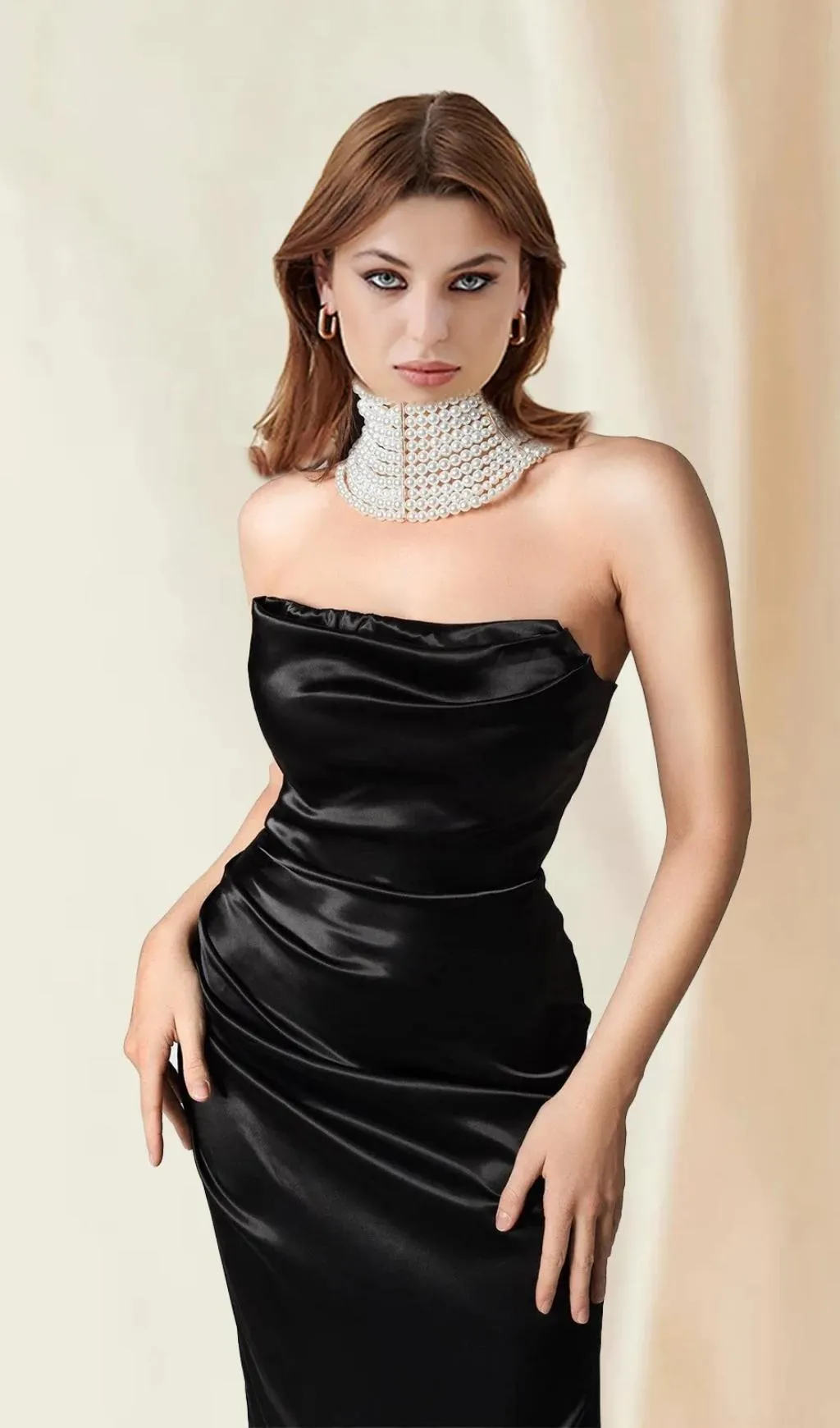 BLACK SATIN STRAPLESS MAXI DRESS