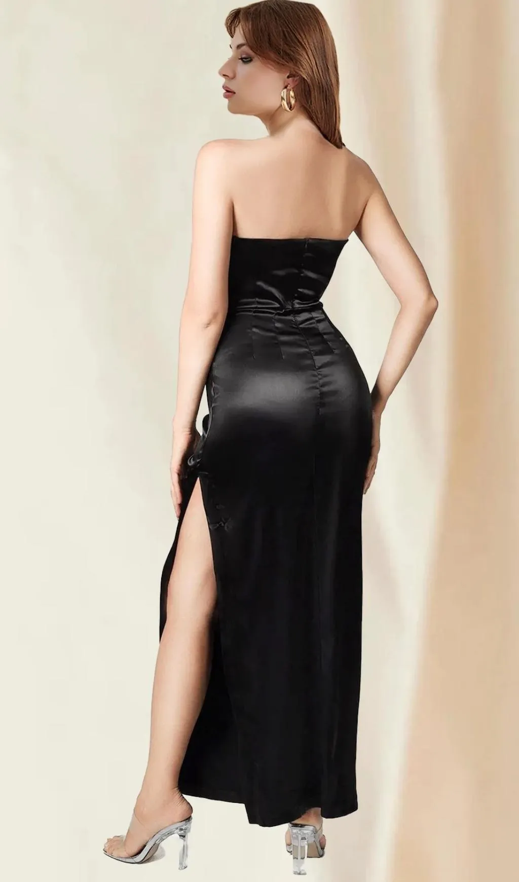 BLACK SATIN STRAPLESS MAXI DRESS