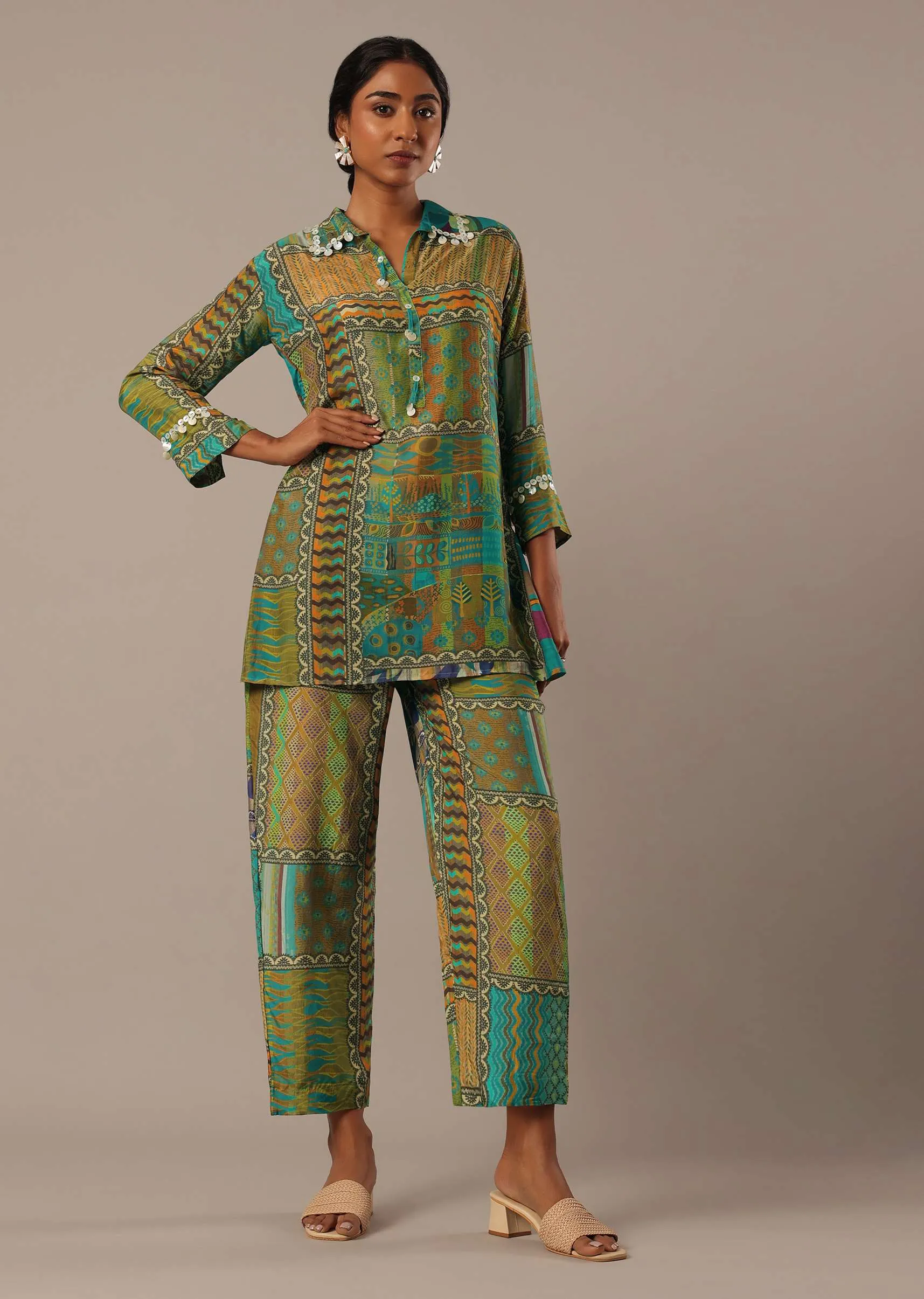 Blue Printed Short Kurt Set In Crepe