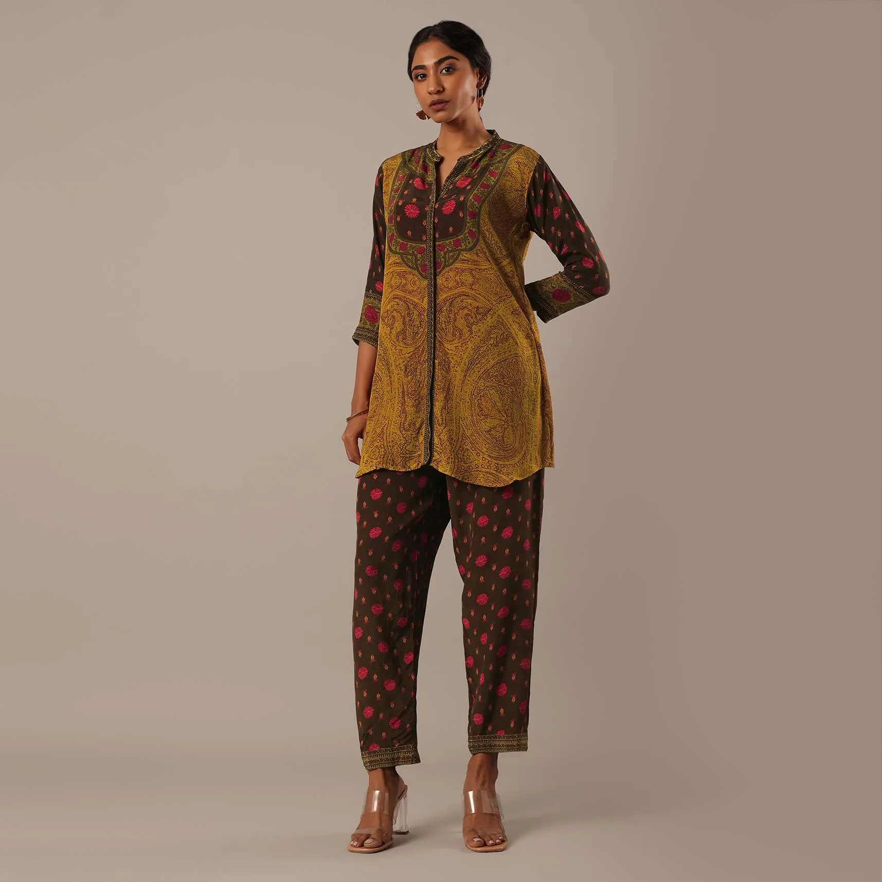 Brown Short Kurti Set With Printed Detail