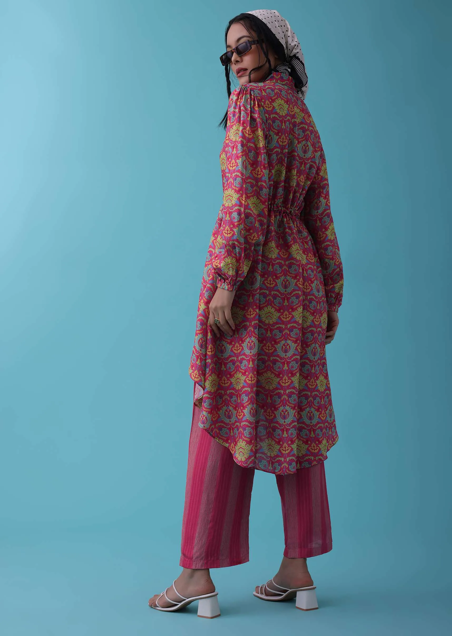 Cherry Pink Floral Printed Co-ord Set In Tussar - RE By Kalki