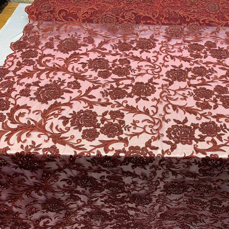 Hand Beaded Lace Fabric - Embroidery Floral Lace With Sequins And Flowers