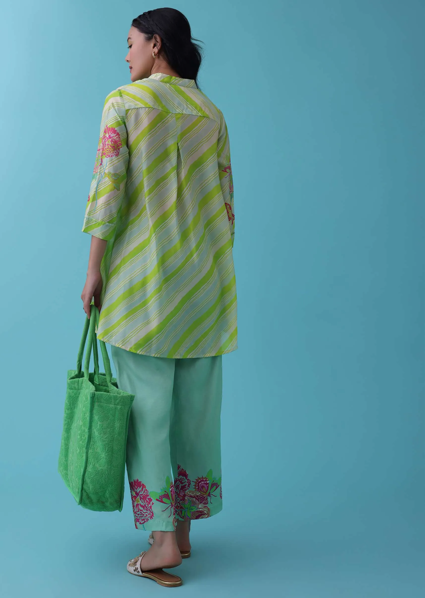 Mint Green Floral Printed Co-ord Pant-Top Set In Tussar - RE By Kalki