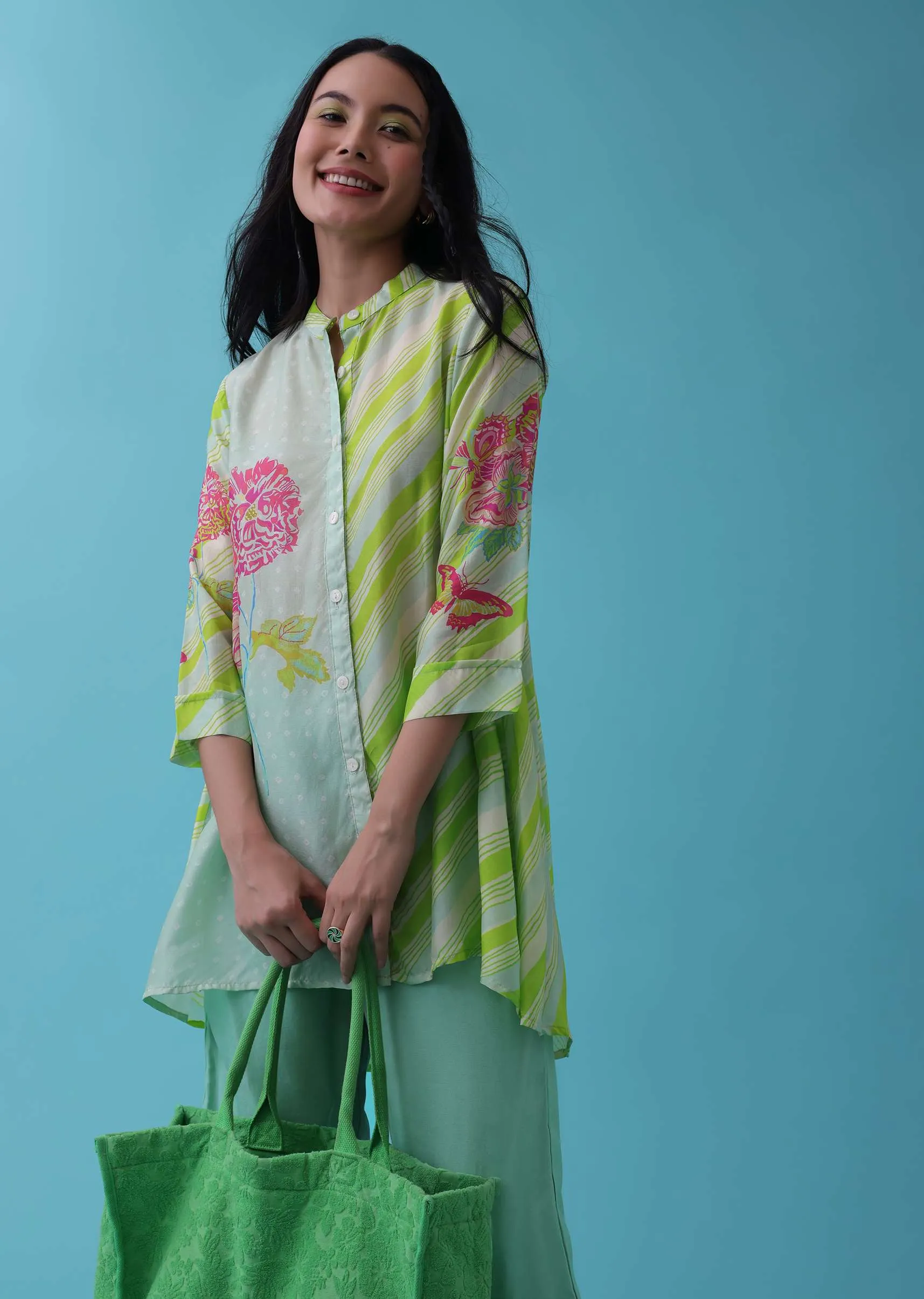 Mint Green Floral Printed Co-ord Pant-Top Set In Tussar - RE By Kalki