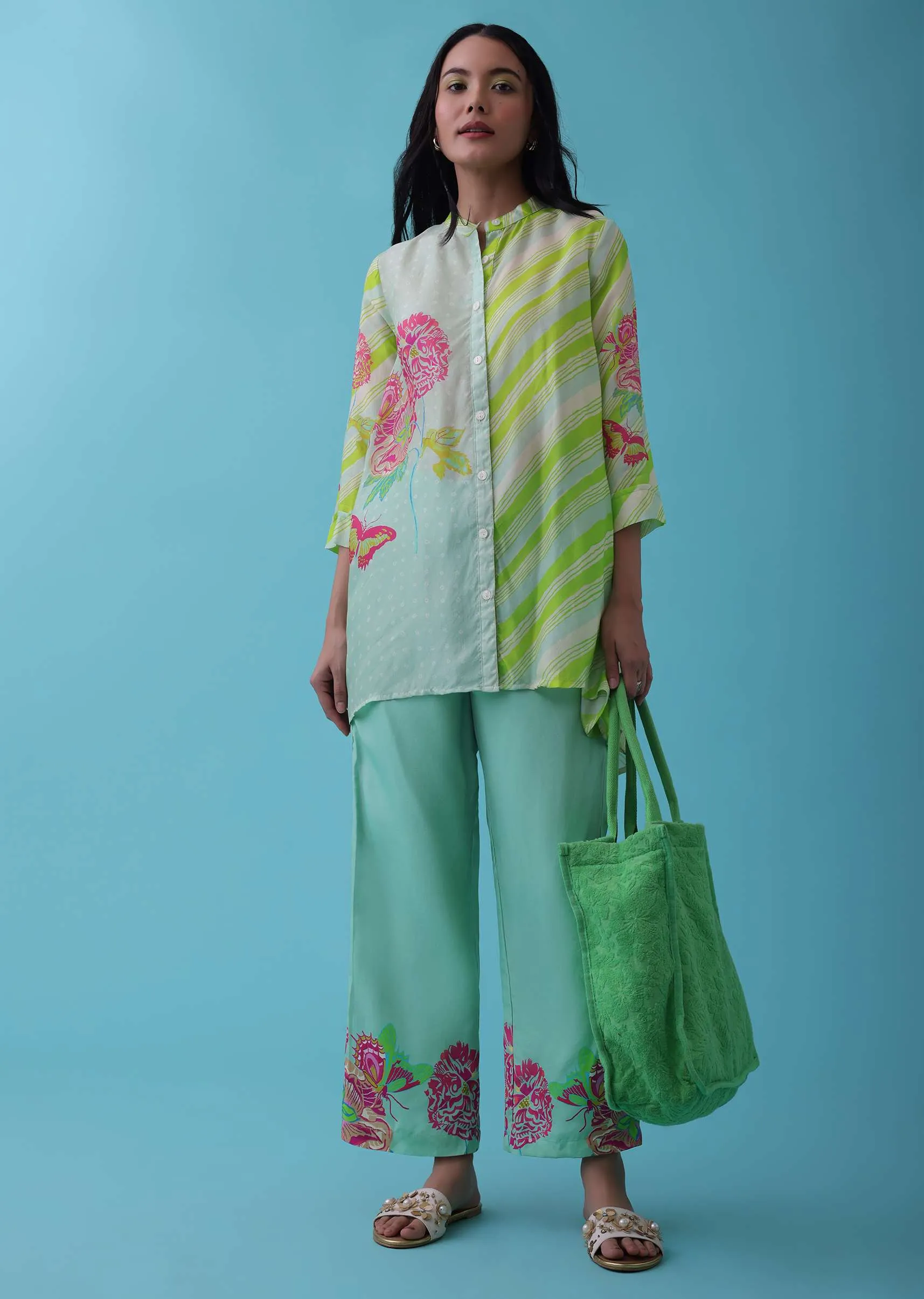 Mint Green Floral Printed Co-ord Pant-Top Set In Tussar - RE By Kalki