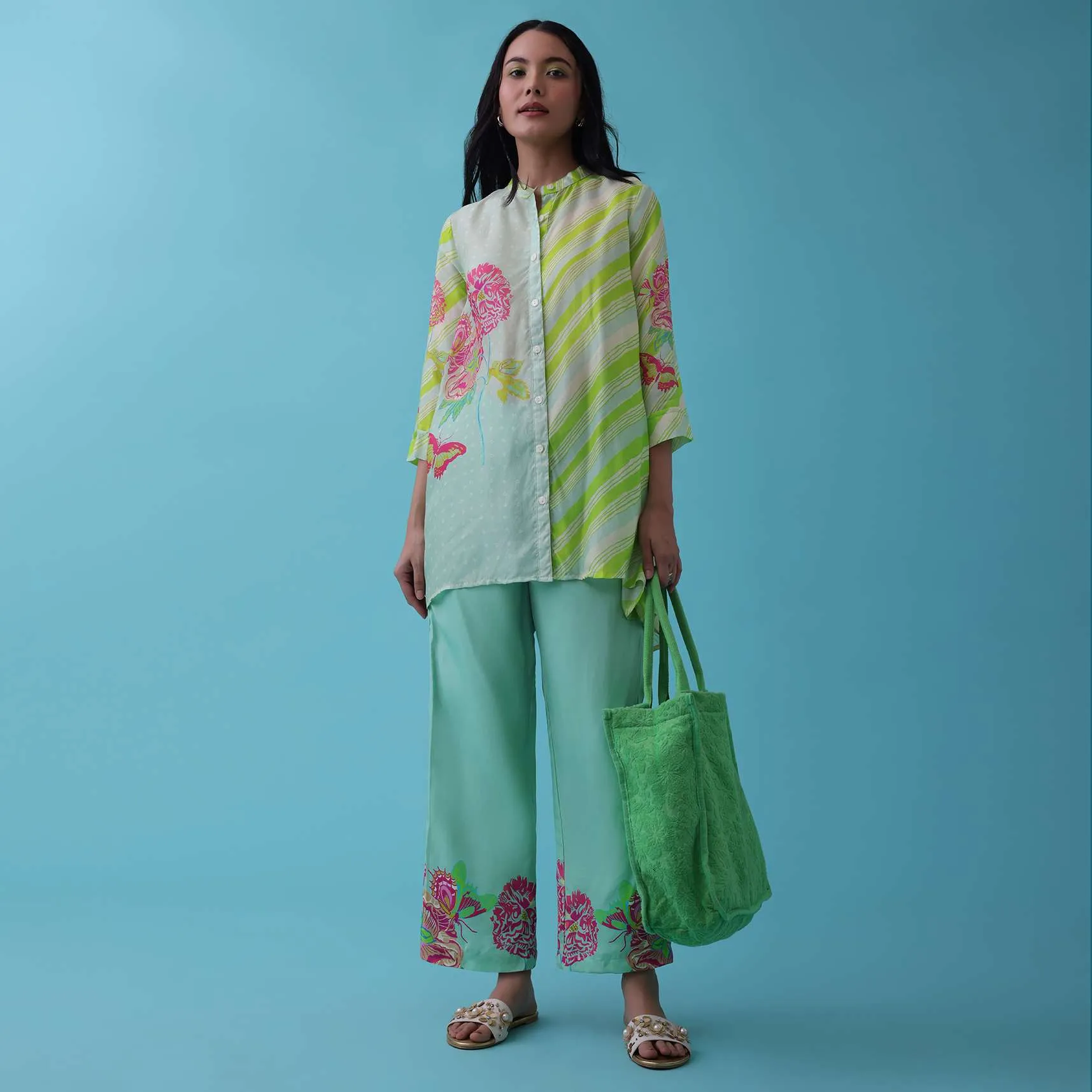 Mint Green Floral Printed Co-ord Pant-Top Set In Tussar - RE By Kalki