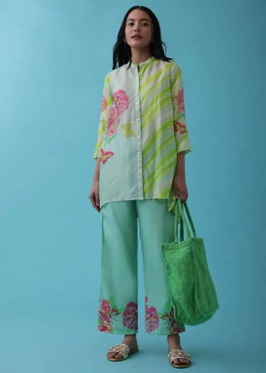 Mint Green Floral Printed Co-ord Pant-Top Set In Tussar - RE By Kalki