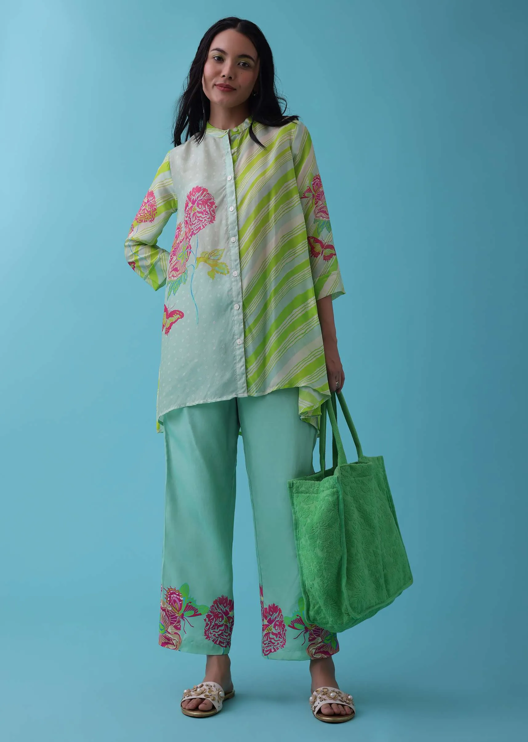 Mint Green Floral Printed Co-ord Pant-Top Set In Tussar - RE By Kalki