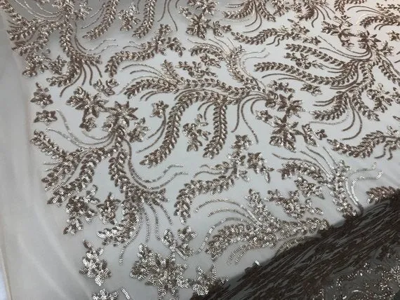 New Champagne Designed Embroidery Stretch Sequin 4 Way On A Mesh Lace Fabric Sold By The Yard
