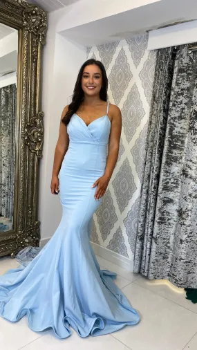 Powder Blue Bow Back Chiffon Trail Prom Dress