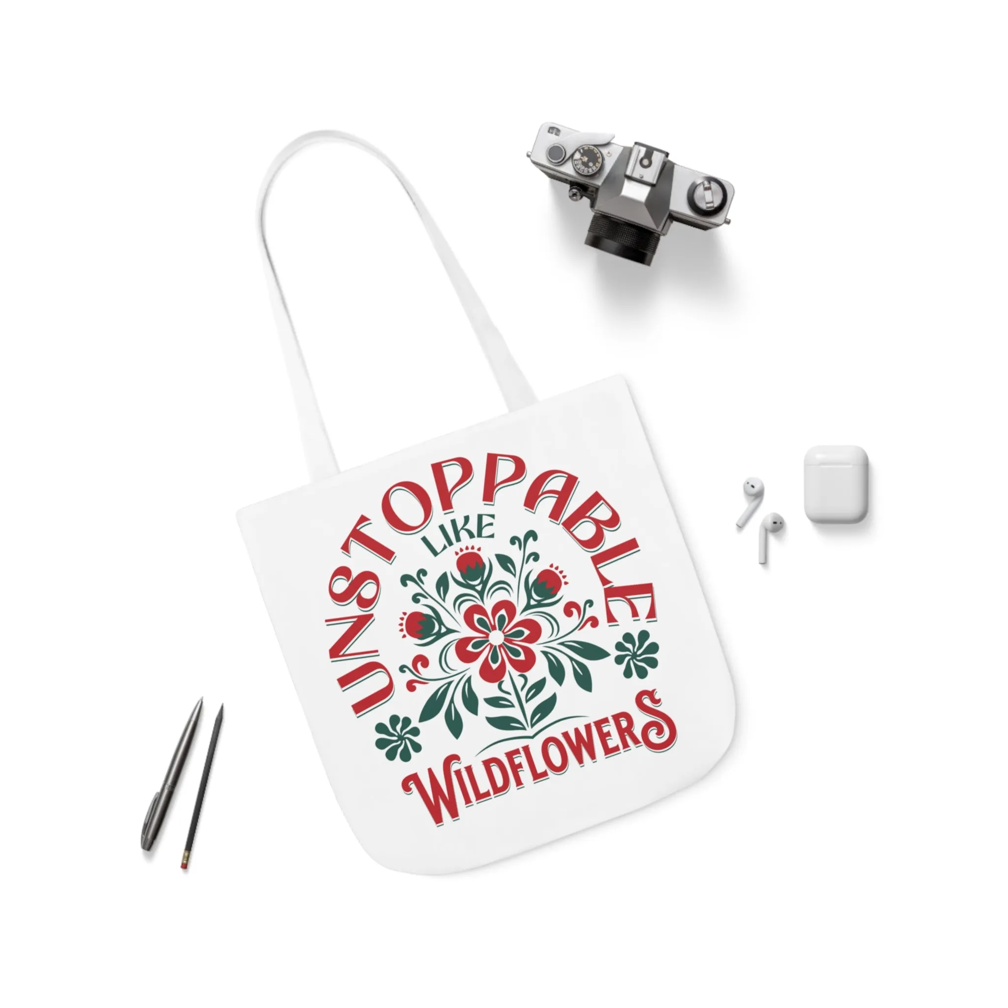Unstoppable Wildflowers Canvas Tote Bag with Colorful Straps