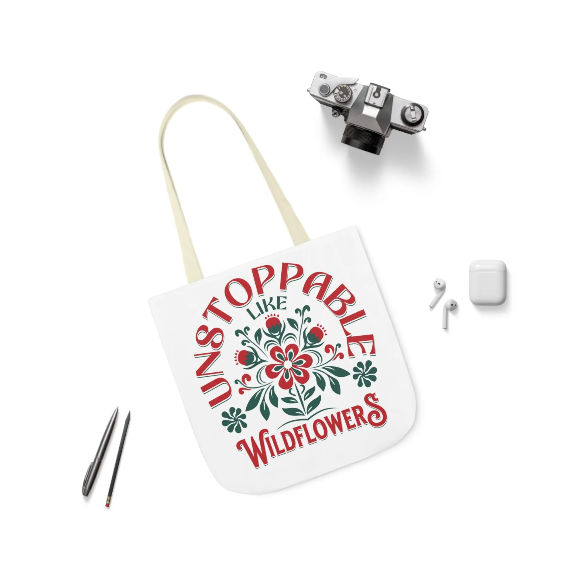 Unstoppable Wildflowers Canvas Tote Bag with Colorful Straps