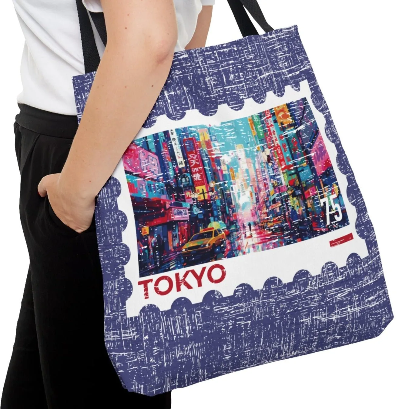 Vibrant Tokyo Stamp Large Tote Bag - Colorful Japanese Cityscape Design