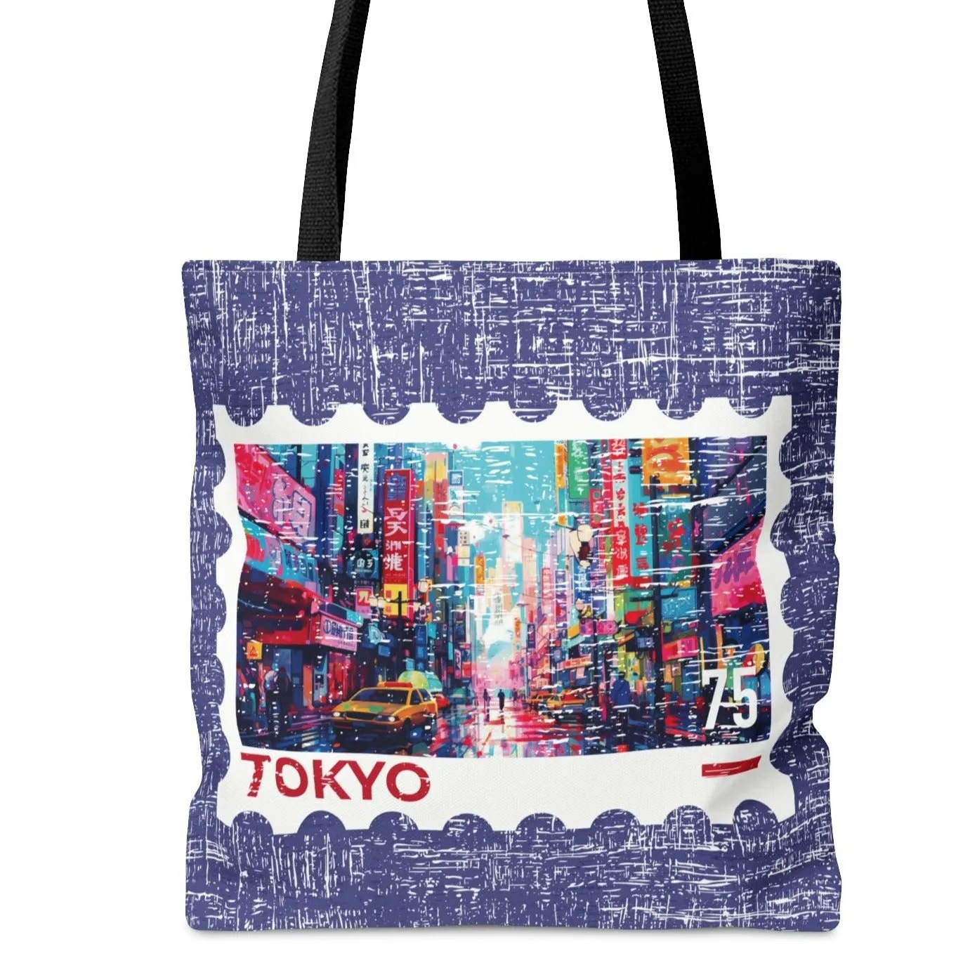 Vibrant Tokyo Stamp Large Tote Bag - Colorful Japanese Cityscape Design