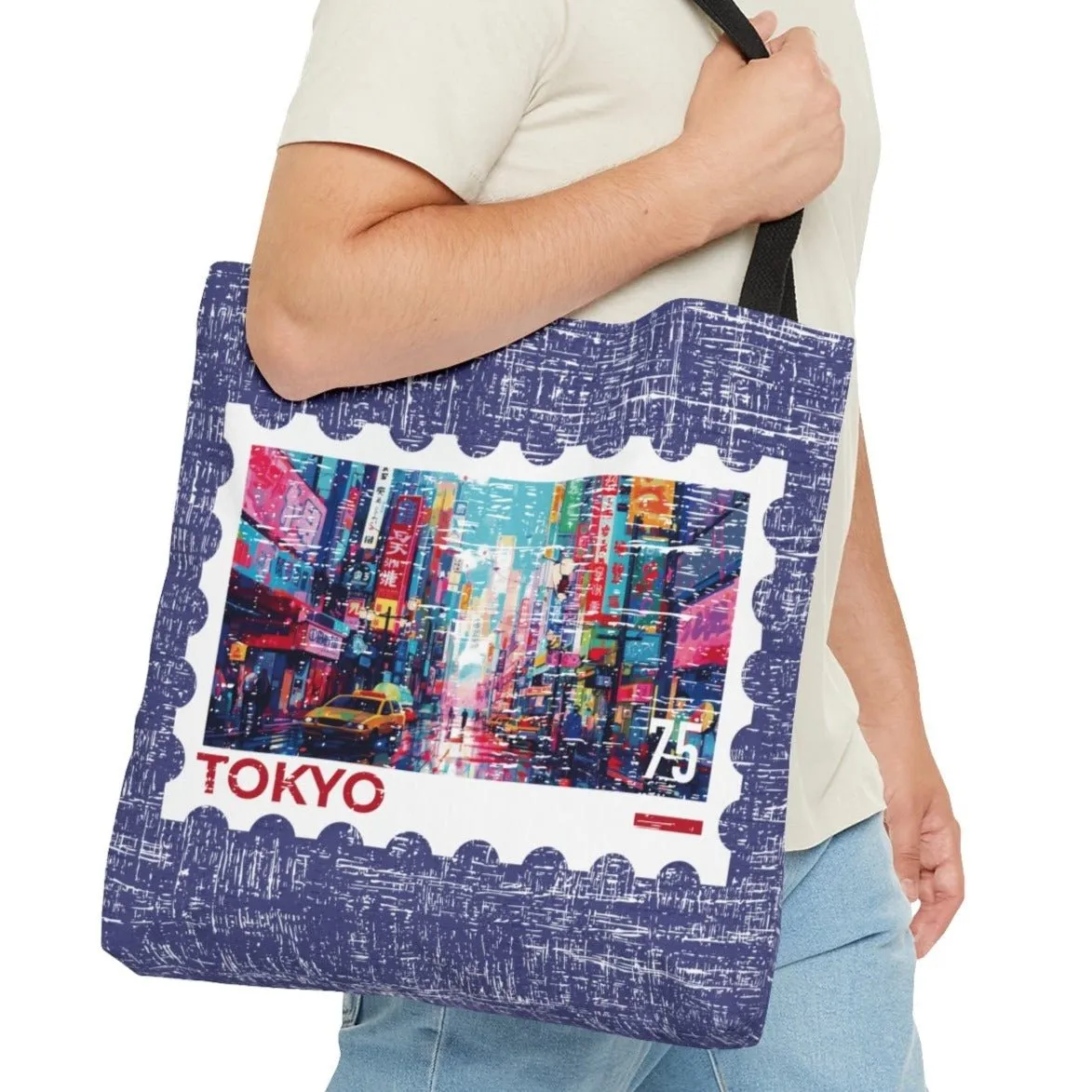 Vibrant Tokyo Stamp Large Tote Bag - Colorful Japanese Cityscape Design